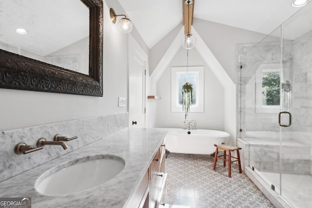 26 Clarendon Ave, Avondale Estates, GA 30002 - full bathroom featuring a sink, plenty of natural light, lofted ceiling with beams, and a shower stall