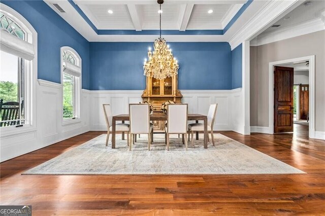 1101 N Flat Rock Rd, Douglasville, GA 30134 - dining space featuring an inviting chandelier, coffered ceiling, wood finished floors, and beamed ceiling