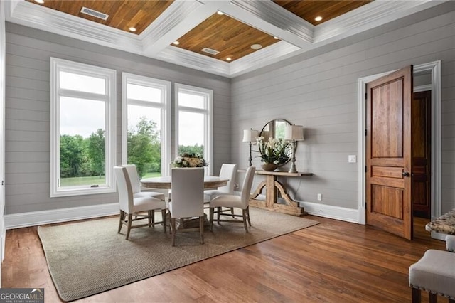 1101 N Flat Rock Rd, Douglasville, GA 30134 - dining room with visible vents, recessed lighting, coffered ceiling, and wooden ceiling