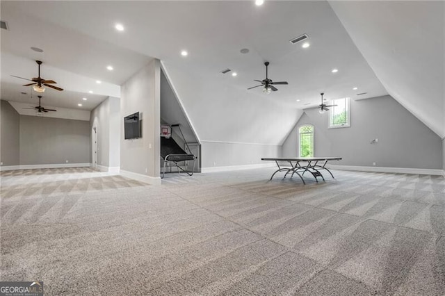 1101 N Flat Rock Rd, Douglasville, GA 30134 - bonus room featuring ceiling fan, light colored carpet, baseboards, and lofted ceiling