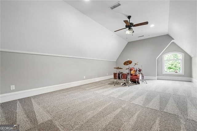 1101 N Flat Rock Rd, Douglasville, GA 30134 - playroom featuring visible vents, carpet flooring, ceiling fan, and lofted ceiling