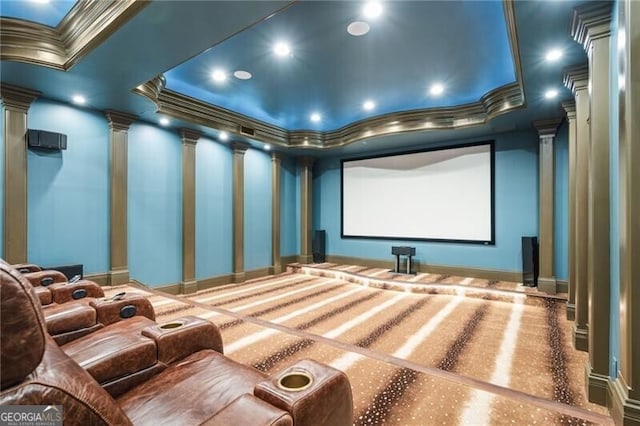1101 N Flat Rock Rd, Douglasville, GA 30134 - home theater room featuring crown molding, recessed lighting, baseboards, and decorative columns