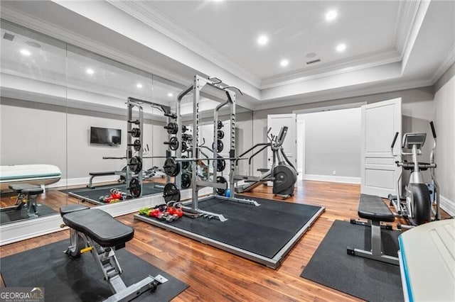 1101 N Flat Rock Rd, Douglasville, GA 30134 - exercise area featuring a tray ceiling, ornamental molding, and wood finished floors