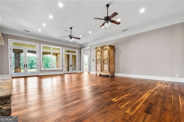 1101 N Flat Rock Rd, Douglasville, GA 30134 - unfurnished living room with french doors, ornamental molding, a ceiling fan, and wood finished floors