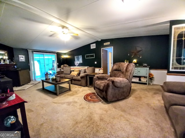 328 Kelly Creek Rd, Waco, GA 30182 - living area featuring carpet, ceiling fan, and lofted ceiling