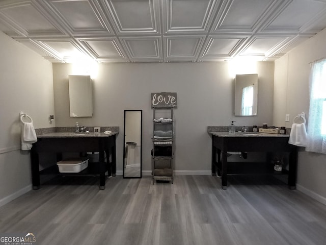 328 Kelly Creek Rd, Waco, GA 30182 - bathroom with wood finished floors, vanity, baseboards, and an ornate ceiling