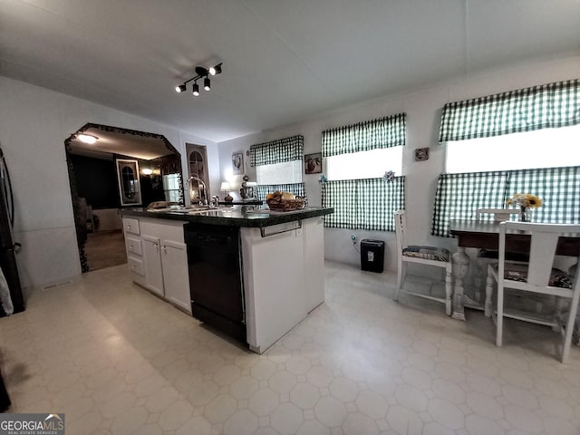 328 Kelly Creek Rd, Waco, GA 30182 - kitchen with a sink, dishwasher, dark countertops, light flooring, and arched walkways