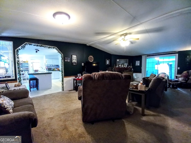 328 Kelly Creek Rd, Waco, GA 30182 - living area with ceiling fan, lofted ceiling, and carpet