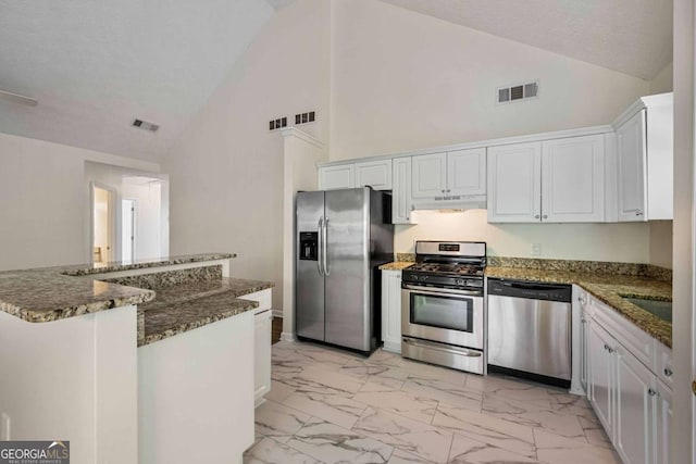 5135 Gable Ridge Way, Sugar Hill, GA 30518 - kitchen with high vaulted ceiling, marble finish floor, stainless steel appliances, under cabinet range hood, and visible vents