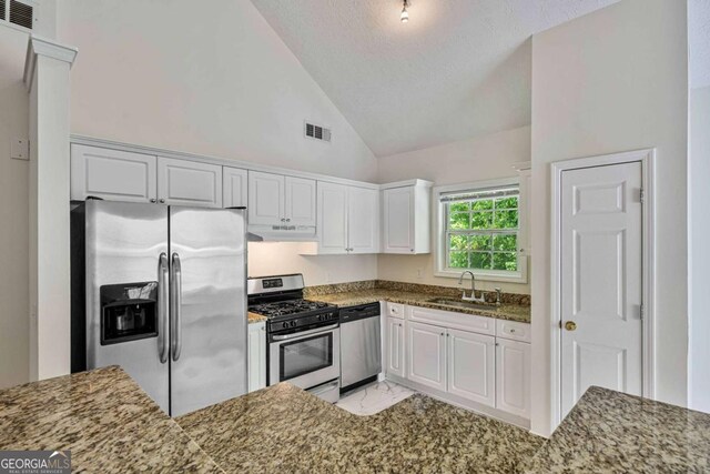 5135 Gable Ridge Way, Sugar Hill, GA 30518 - kitchen with a sink, visible vents, stainless steel appliances, and under cabinet range hood