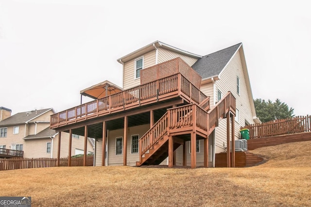 1008 Walnut Creek Dr, Woodstock, GA 30188 - rear view of property featuring a deck, fence, stairs, and roof with shingles