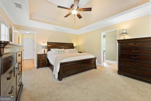 4572 Mulberry Fields Ln, Auburn, GA 30011 - bedroom featuring visible vents, crown molding, light colored carpet, a raised ceiling, and a ceiling fan