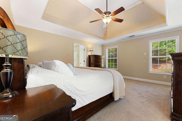 4572 Mulberry Fields Ln, Auburn, GA 30011 - bedroom with visible vents, ornamental molding, light carpet, baseboards, and a raised ceiling