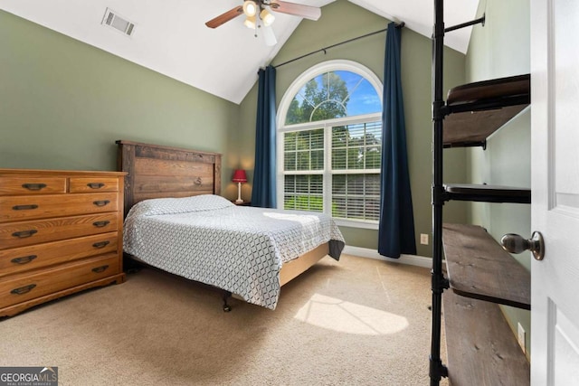 4572 Mulberry Fields Ln, Auburn, GA 30011 - bedroom featuring a ceiling fan, visible vents, baseboards, high vaulted ceiling, and carpet flooring