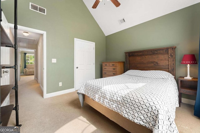 4572 Mulberry Fields Ln, Auburn, GA 30011 - bedroom featuring attic access, visible vents, high vaulted ceiling, baseboards, and carpet