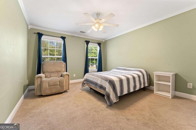4572 Mulberry Fields Ln, Auburn, GA 30011 - carpeted bedroom featuring a ceiling fan, baseboards, visible vents, and ornamental molding