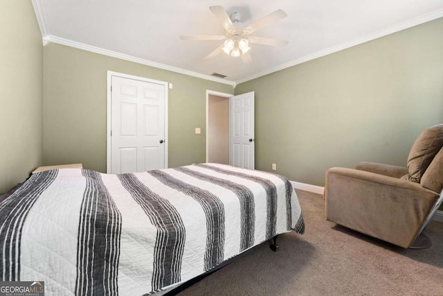 4572 Mulberry Fields Ln, Auburn, GA 30011 - bedroom featuring visible vents, crown molding, baseboards, ceiling fan, and carpet