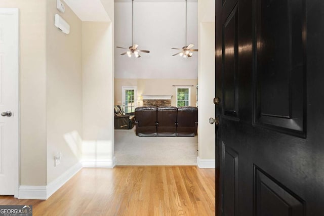 4572 Mulberry Fields Ln, Auburn, GA 30011 - entrance foyer featuring baseboards, ceiling fan, and light wood-type flooring