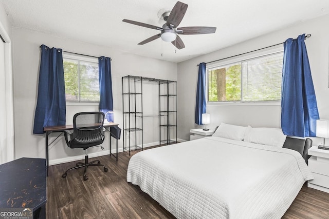 bedroom with baseboards, multiple windows, and wood finished floors