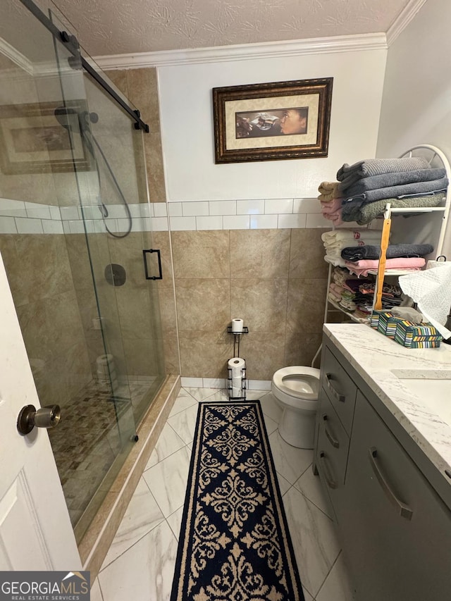 6444 Charter Way, Lithonia, GA 30058 - full bath featuring crown molding, a stall shower, vanity, toilet, and marble finish floor