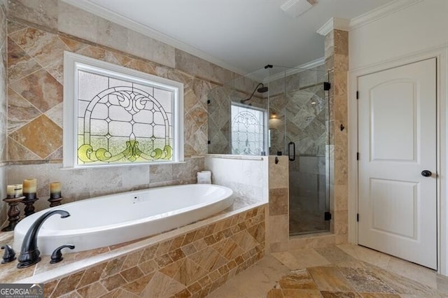 full bath with visible vents, ornamental molding, a shower stall, and a garden tub