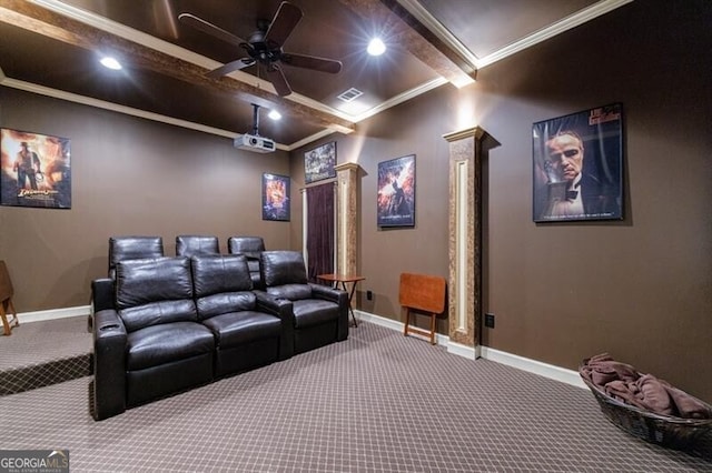 home theater featuring baseboards, ornamental molding, and carpet flooring
