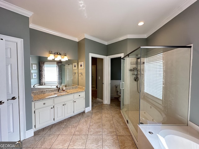 23 Saint Ives Ln, Winder, GA 30680 - full bathroom featuring vanity, ornamental molding, toilet, a bath, and a stall shower