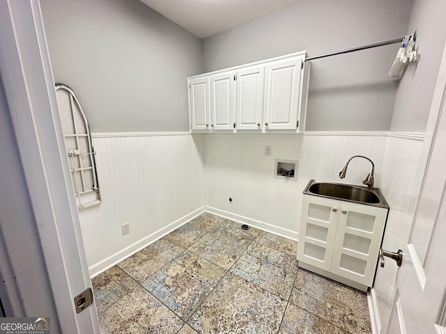 23 Saint Ives Ln, Winder, GA 30680 - laundry area with cabinet space, washer hookup, a sink, a wainscoted wall, and hookup for an electric dryer