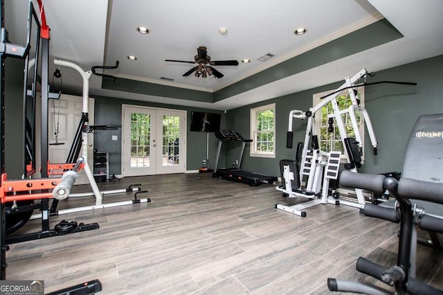 213 Shady Valley Dr, Carrollton, GA 30116 - gym with crown molding, a tray ceiling, french doors, ceiling fan, and wood finished floors