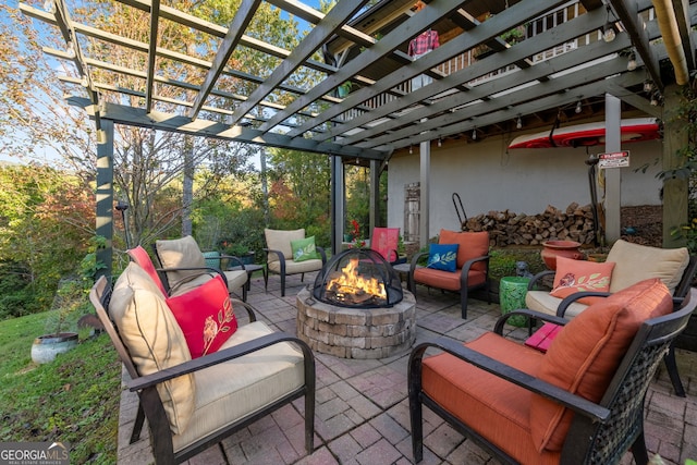 709 Laurel Creek Trl, Blue Ridge, GA 30513 - view of patio featuring an outdoor living space with a fire pit and a pergola
