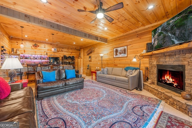 709 Laurel Creek Trl, Blue Ridge, GA 30513 - living area featuring wooden walls, recessed lighting, ceiling fan, and wooden ceiling