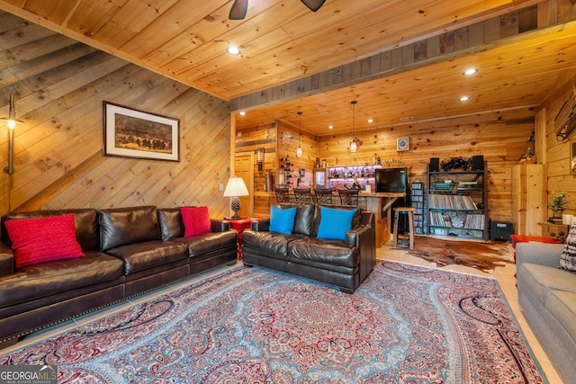 709 Laurel Creek Trl, Blue Ridge, GA 30513 - living area featuring recessed lighting, a ceiling fan, wooden walls, and wooden ceiling