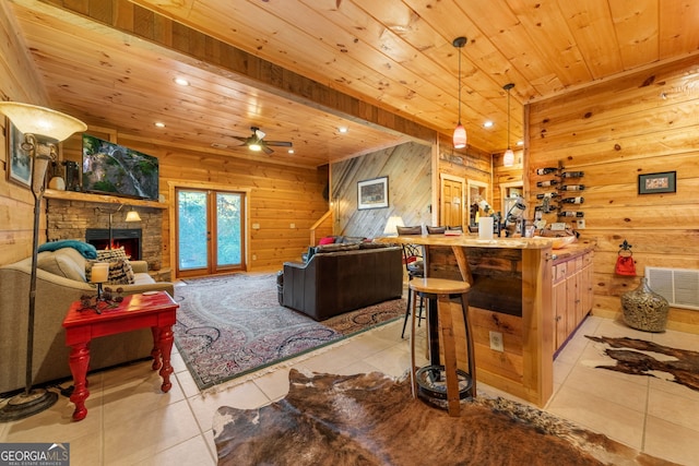 709 Laurel Creek Trl, Blue Ridge, GA 30513 - tiled living area with visible vents, wood walls, ceiling fan, recessed lighting, and wood ceiling