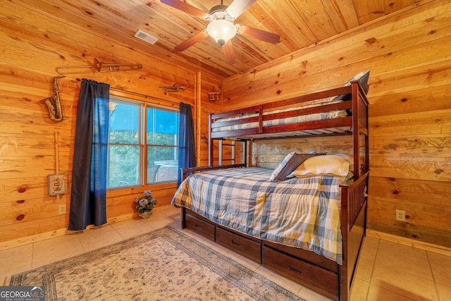 709 Laurel Creek Trl, Blue Ridge, GA 30513 - tiled bedroom with wooden walls, wooden ceiling, and visible vents