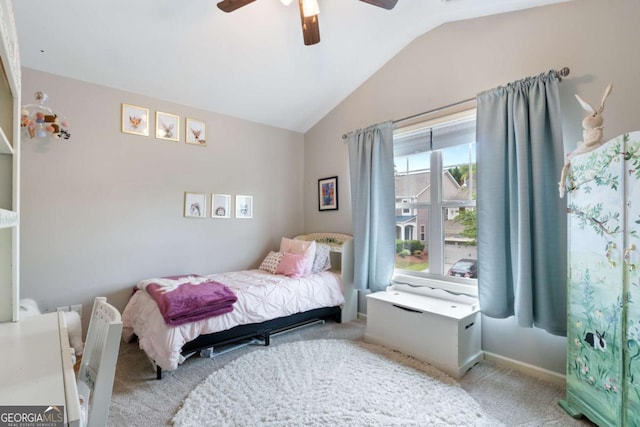 carpeted bedroom featuring ceiling fan and lofted ceiling