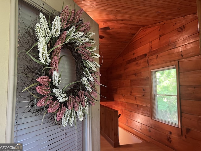 interior details with wooden ceiling and wood walls