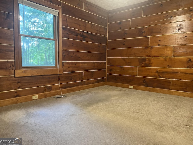 empty room featuring wooden walls and carpet floors