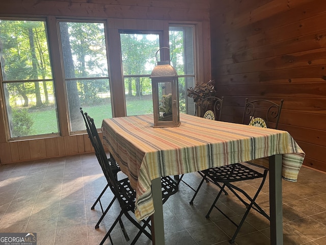 dining space featuring wooden walls and plenty of natural light