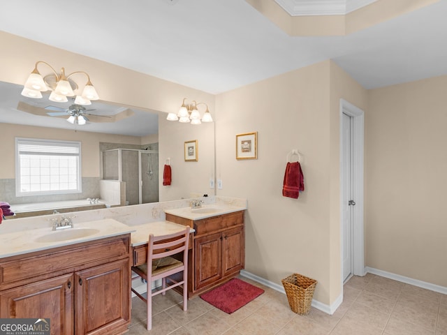 bathroom with a ceiling fan, a garden tub, a shower stall, vanity, and tile patterned floors