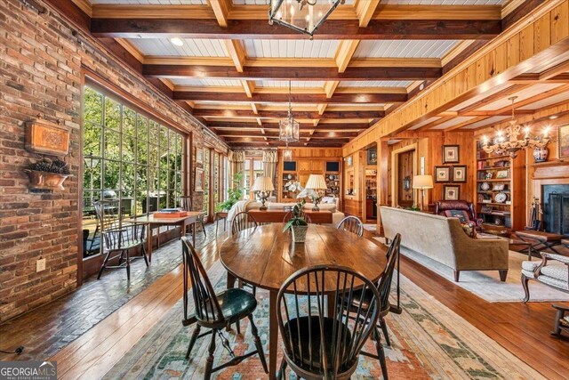 2727 Ingleside Ave, Macon, GA 31204 - dining room with beamed ceiling, coffered ceiling, hardwood / wood-style floors, and a chandelier