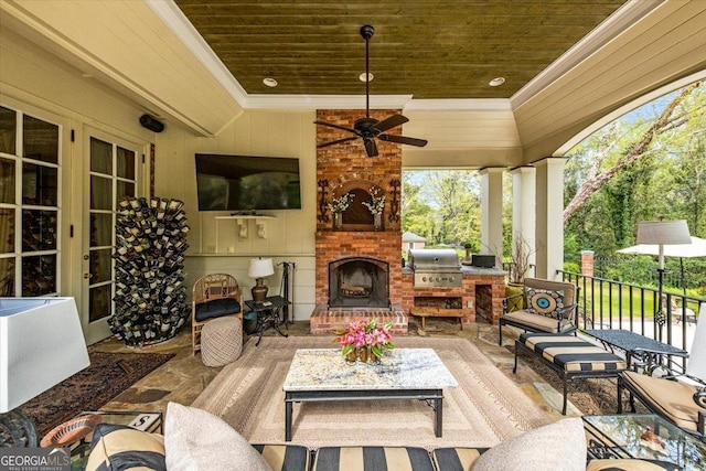 2727 Ingleside Ave, Macon, GA 31204 - view of patio / terrace with ceiling fan, an outdoor living space with a fireplace, and a grill