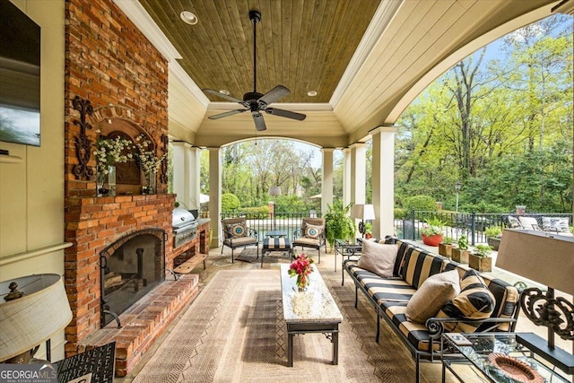 2727 Ingleside Ave, Macon, GA 31204 - view of patio / terrace with ceiling fan, an outdoor living space with a fireplace, and a grill