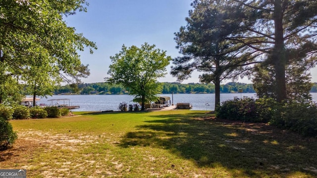 view of yard with a water view and a floating dock