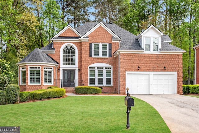 6070 Poplar Spring Dr, Peachtree Corners, GA 30092 - view of front of house featuring a shingled roof, a front lawn, brick siding, concrete driveway, and french doors