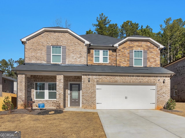 view of front of property featuring brick siding, a shingled roof, an attached garage, and concrete driveway