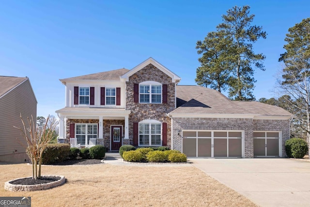 view of front of property featuring an attached garage, driveway, stone siding, covered porch, and a front lawn