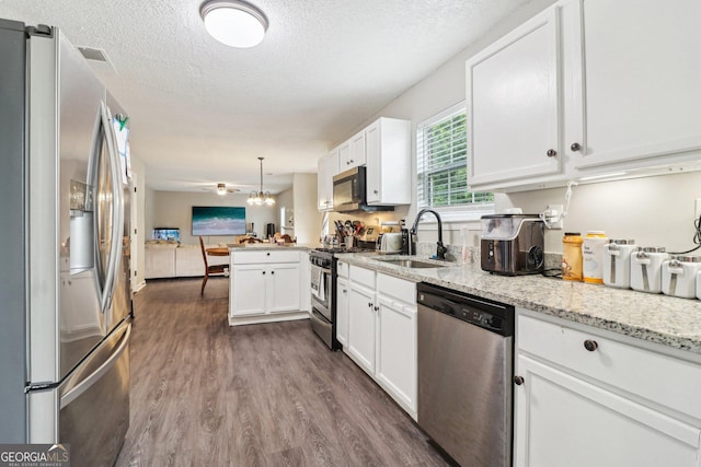 4015 Soaring Dr, Douglasville, GA 30135 - kitchen with appliances with stainless steel finishes, a sink, a peninsula, open floor plan, and dark wood-style floors
