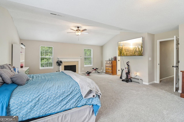 4015 Soaring Dr, Douglasville, GA 30135 - bedroom with carpet, a ceiling fan, baseboards, vaulted ceiling, and visible vents