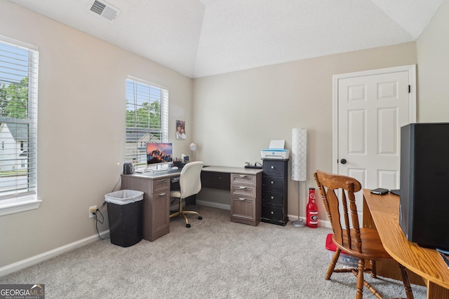 4015 Soaring Dr, Douglasville, GA 30135 - office with light colored carpet, baseboards, visible vents, and lofted ceiling