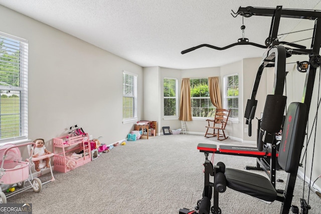 4015 Soaring Dr, Douglasville, GA 30135 - workout area featuring baseboards, carpet flooring, and a textured ceiling